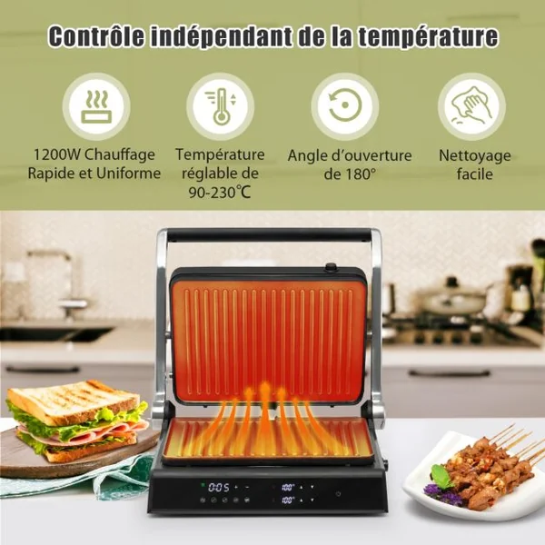 Grill Multifonction Electrique 1800-2000W Tactile Intelligent Ouverture à 180° Minuterie 4H 5 Modes Automatiques Double Plaques