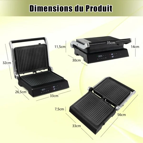 Grill Multifonction Electrique 1800-2000W Tactile Intelligent Ouverture à 180° Minuterie 4H 5 Modes Automatiques Double Plaques
