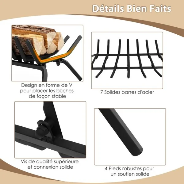Grille de Cheminée 46 CM Support à Bûches de Cheminée en Fer Robuste 7 Barres de Fer de 14 MM Support à Bois de Chauffage Intérieur Extérieur