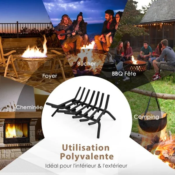 Grille de Cheminée 46 CM Support à Bûches de Cheminée en Fer Robuste 7 Barres de Fer de 14 MM Support à Bois de Chauffage Intérieur Extérieur