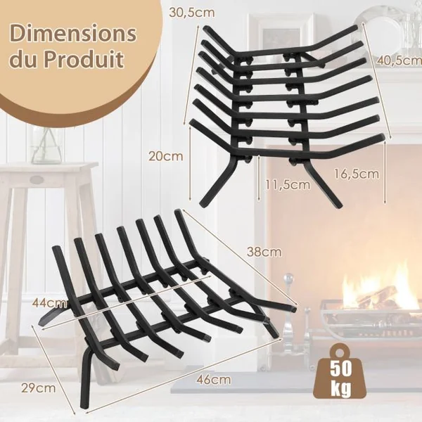 Grille de Cheminée 46 CM Support à Bûches de Cheminée en Fer Robuste 7 Barres de Fer de 14 MM Support à Bois de Chauffage Intérieur Extérieur