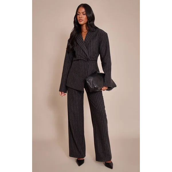 Gris Anthracite Blazer Coordonné Grande Taille À Fines Rayures Brossées Avec Taille Cintrée