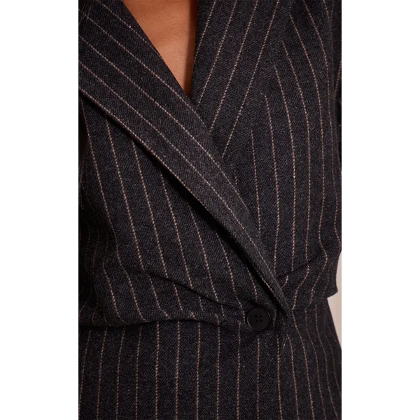 Gris Anthracite Blazer Coordonné Grande Taille À Fines Rayures Brossées Avec Taille Cintrée