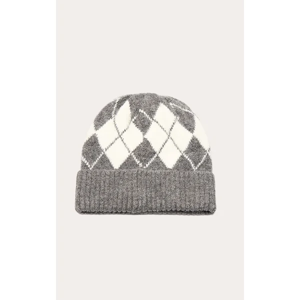 Gris Anthracite Bonnet En Tricot À Motif Losanges Avec Revers
