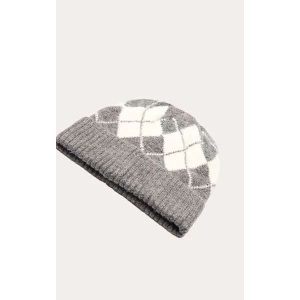 Gris Anthracite Bonnet En Tricot À Motif Losanges Avec Revers