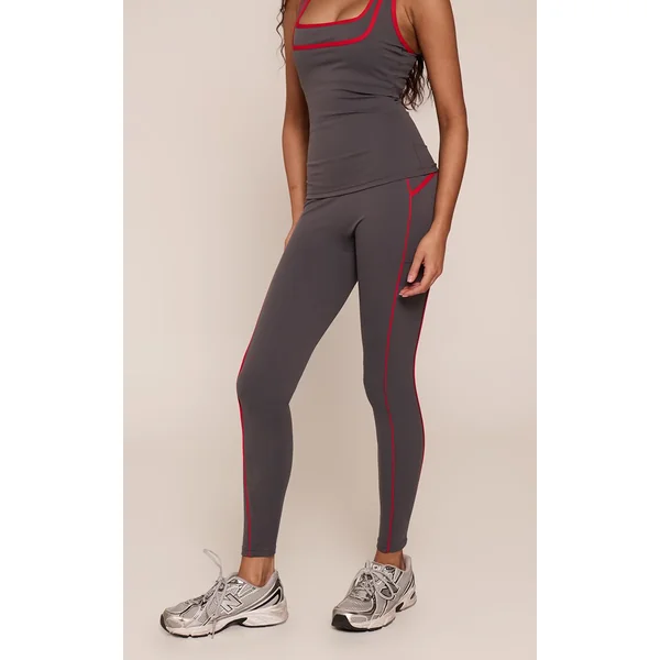 Gris Anthracite Legging De Sport À Coutures Contrastées Et Poche Frontale