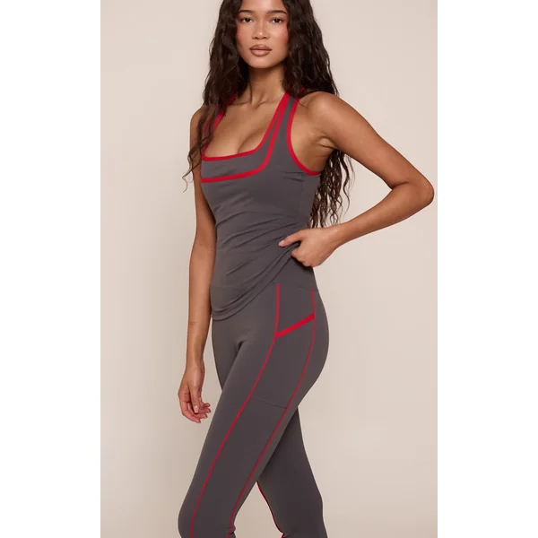 Gris Anthracite Legging De Sport À Coutures Contrastées Et Poche Frontale