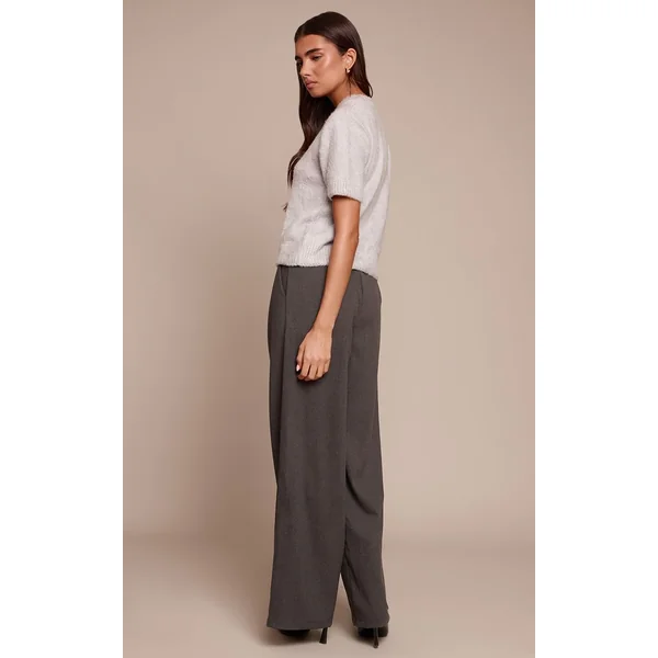 Gris Anthracite Pantalon Droit Tailleur En Tissu Brossé