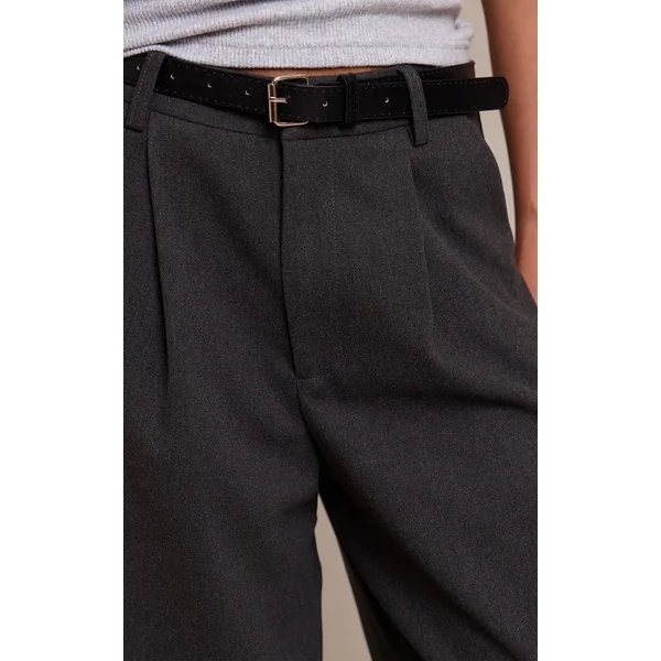 Gris Anthracite Pantalon Droit Tailleur En Tissu Brossé