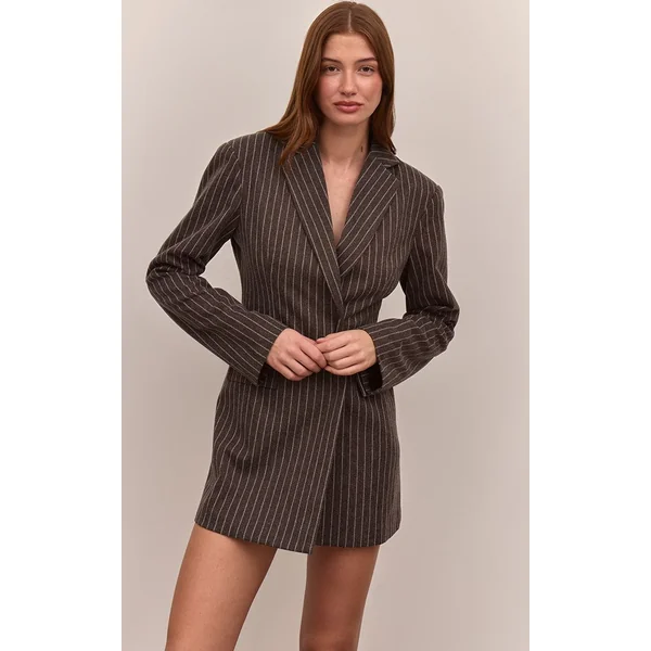Gris Anthracite Robe Blazer À Rayures Fines Et Manches Longues En Tissu Brossé