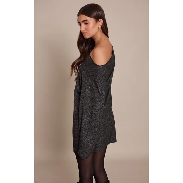 Gris Anthracite Robe Courte En Jersey À Une Épaule Et Manches Longues