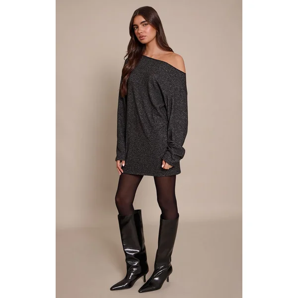 Gris Anthracite Robe Courte En Jersey À Une Épaule Et Manches Longues