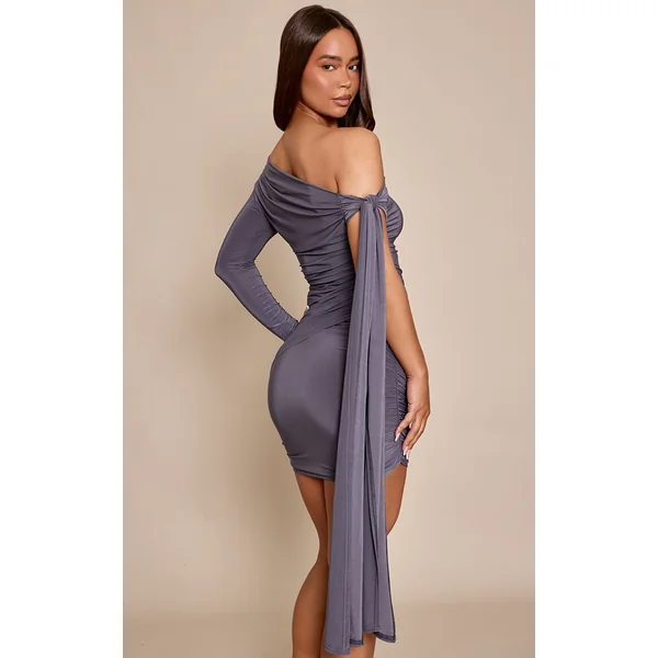 Gris Anthracite Robe Mini Asymétrique À Une Épaule En Tissu Slinky Double Couche