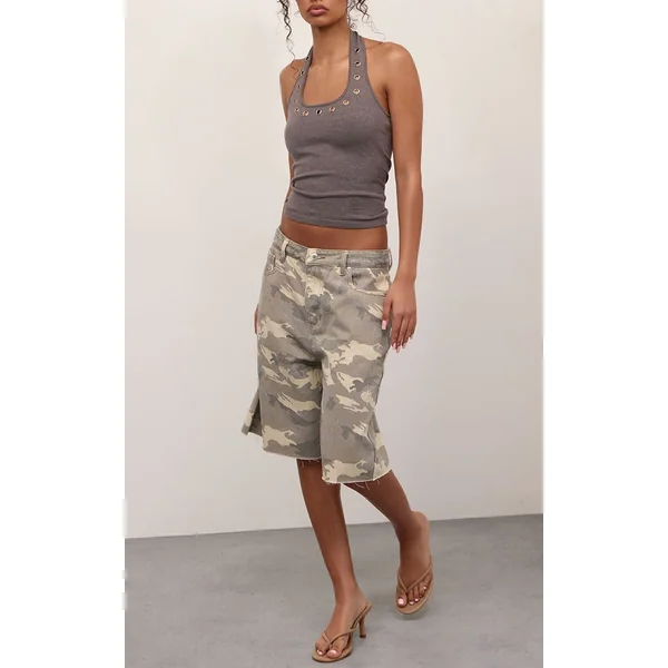 Gris Anthracite Top Tricoté À Col Licou Avec Détails D'œillets Métalliques
