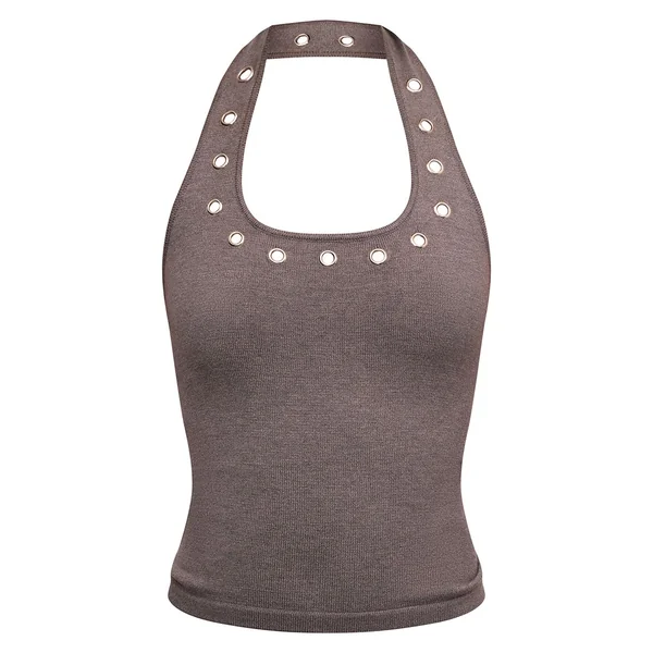 Gris Anthracite Top Tricoté À Col Licou Avec Détails D'œillets Métalliques