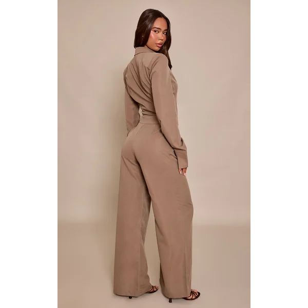 Gris Champignon Combinaison-pantalon Tissée À Manches Longues Avec Détails De Boutons