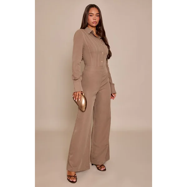 Gris Champignon Combinaison-pantalon Tissée À Manches Longues Avec Détails De Boutons
