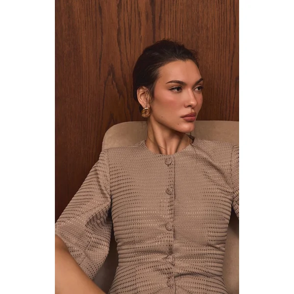 Gris Champignon Ensemble Blazer Cintré À Taille Froncée Et Manches Cocon Avec Boutonnage