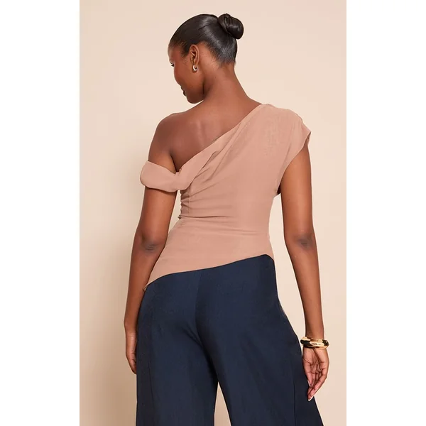 Gris Champignon Haut Long Drapé Asymétrique En Mousseline