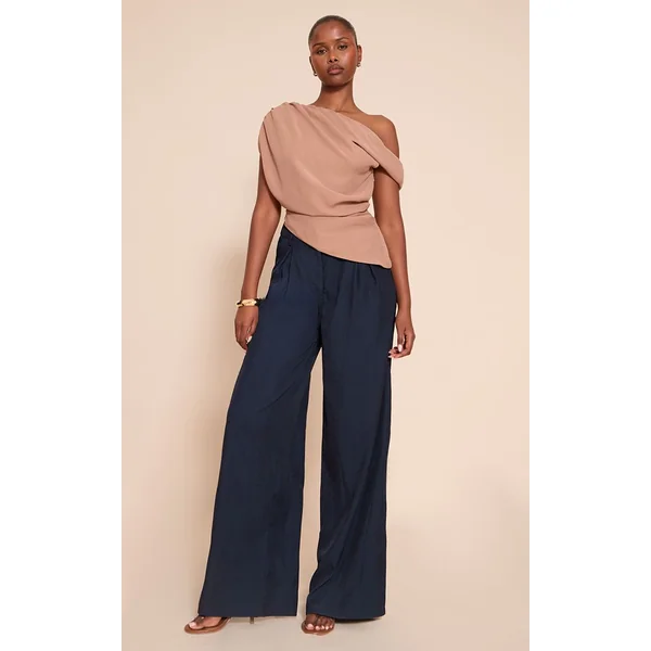 Gris Champignon Haut Long Drapé Asymétrique En Mousseline