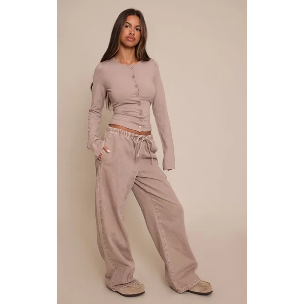 Gris Champignon Jean Large Taille Haute Élastiquée Avec Lien En Denim Petite