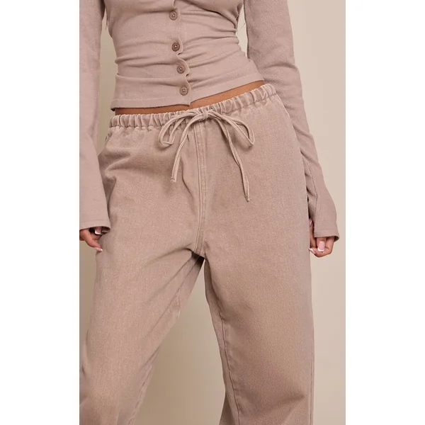 Gris Champignon Jean Large Taille Haute Élastiquée Avec Lien En Denim Petite