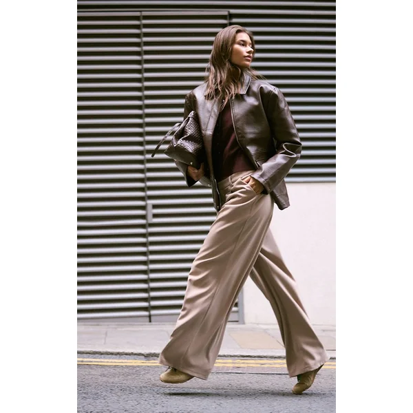 Gris Champignon Pantalon Droit Tailleur En Tissu Brossé