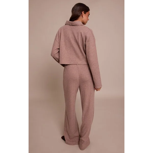Gris Champignon Pantalon Large À Cordon En Maille Côtelée Brossée Ensemble Coordonné