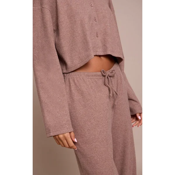 Gris Champignon Pantalon Large À Cordon En Maille Côtelée Brossée Ensemble Coordonné