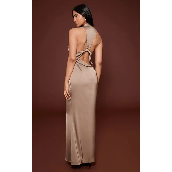 Gris Champignon Robe Longue En Satin À Col V Et Dos Échancré