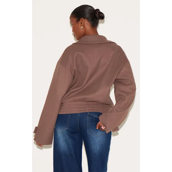 Gris Champignon Veste Bomber Boutonnée Aspect Laine