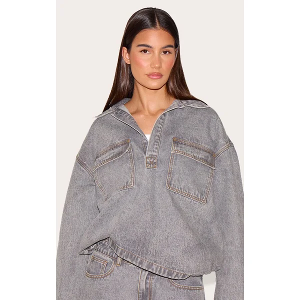 Gris Chemise De Rugby En Denim Décontractée À Manches Longues Bleu Vintage
