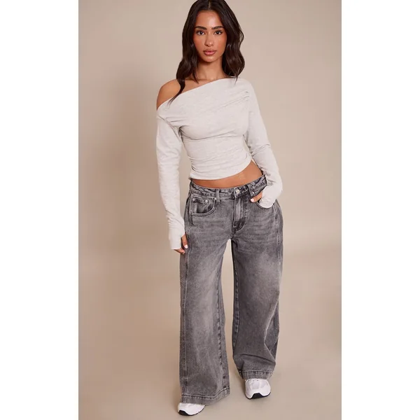 Gris Chiné Haut Petite En Coton Doux À Manches Longues Asymétrique Froncé