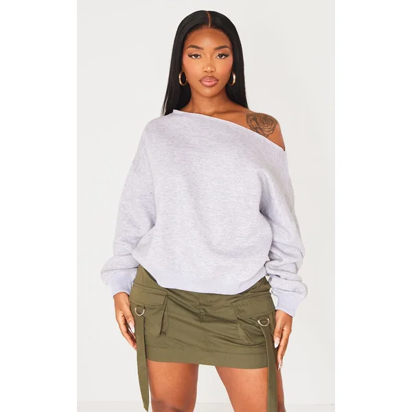 Gris Chiné Sweat Shape À Bords Bruts Et Épaule Tombante