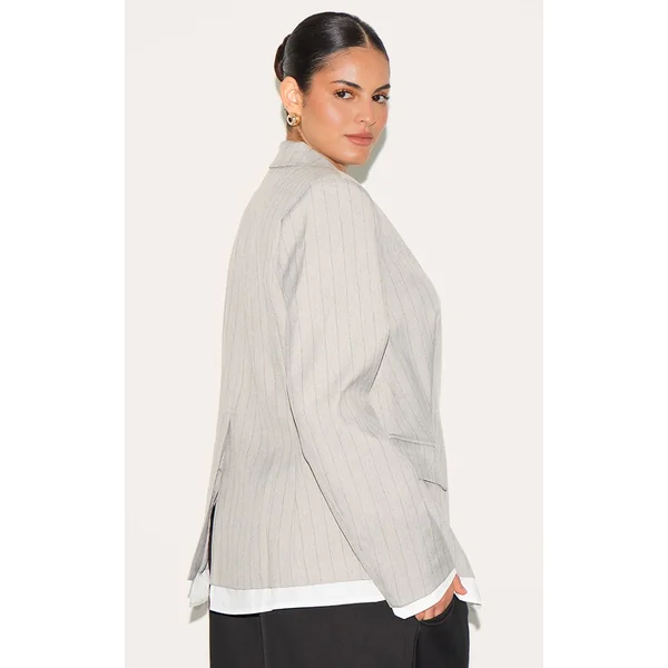 Gris Clair Blazer Grande Taille À Rayures Tennis Avec Détail Chemise