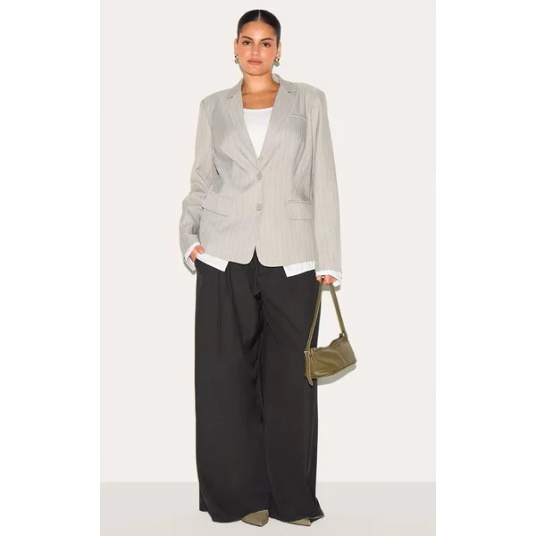Gris Clair Blazer Grande Taille À Rayures Tennis Avec Détail Chemise