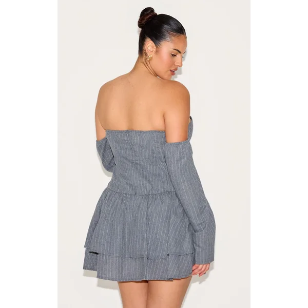 Gris Clair Robe Droite Bardot À Rayures Fines Avec Détail Bonnets Grande Taille