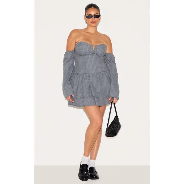 Gris Clair Robe Droite Bardot À Rayures Fines Avec Détail Bonnets Grande Taille