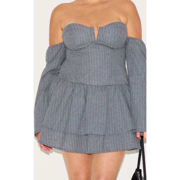 Gris Clair Robe Droite Bardot À Rayures Fines Avec Détail Bonnets Grande Taille