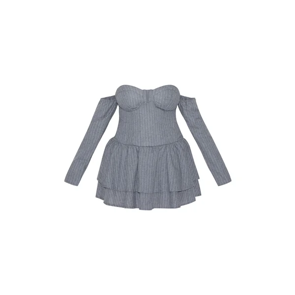 Gris Clair Robe Droite Bardot À Rayures Fines Avec Détail Bonnets Grande Taille