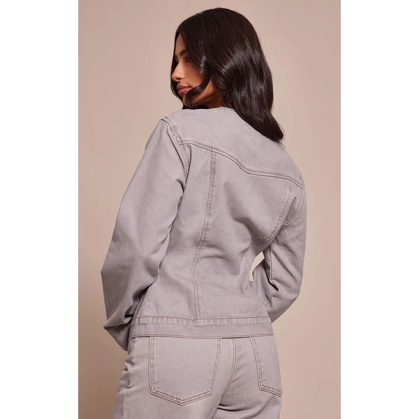 Gris Délavé Chemise En Jean Boutonnée Avec Détail D'encolure Petite