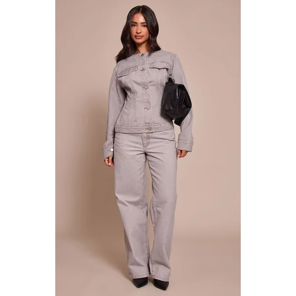 Gris Délavé Chemise En Jean Boutonnée Avec Détail D'encolure Petite