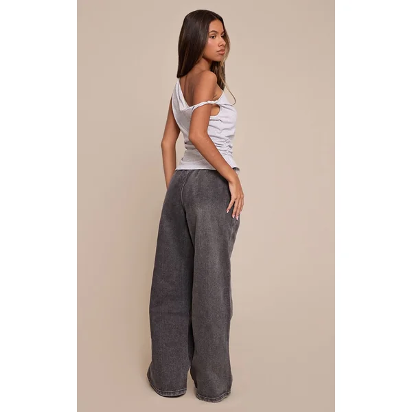 Gris Délavé Jean Large Taille Haute Élastiquée Avec Lien En Denim Petite