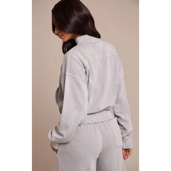 Gris Délavé Sweat-shirt Petite À Col Cheminée Et Fermeture Éclair