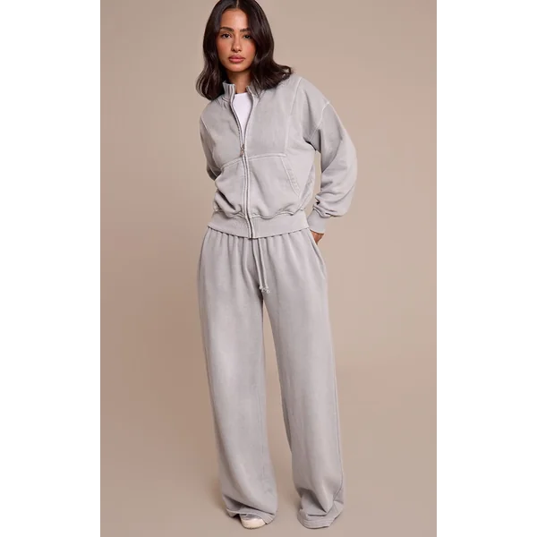 Gris Délavé Sweat-shirt Petite À Col Cheminée Et Fermeture Éclair