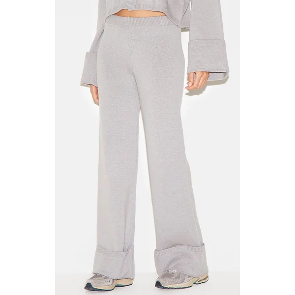 Gris Pantalon En Maille À Ourlet Retroussé