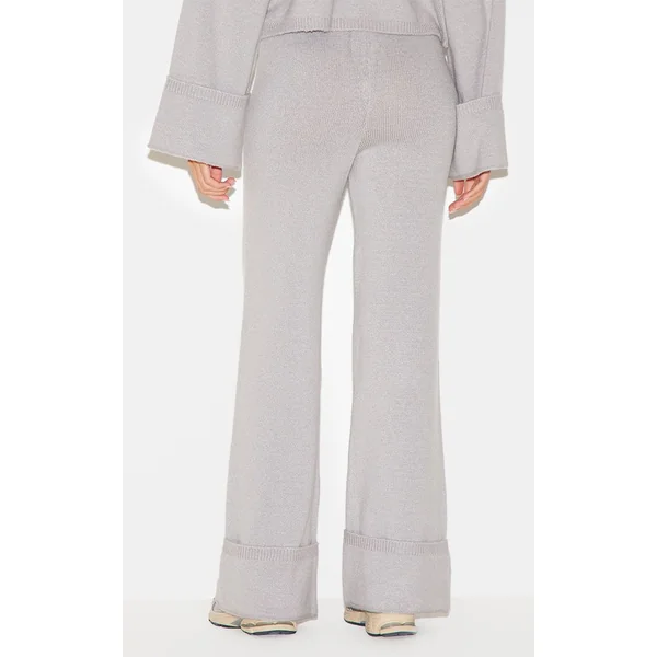Gris Pantalon En Maille À Ourlet Retroussé