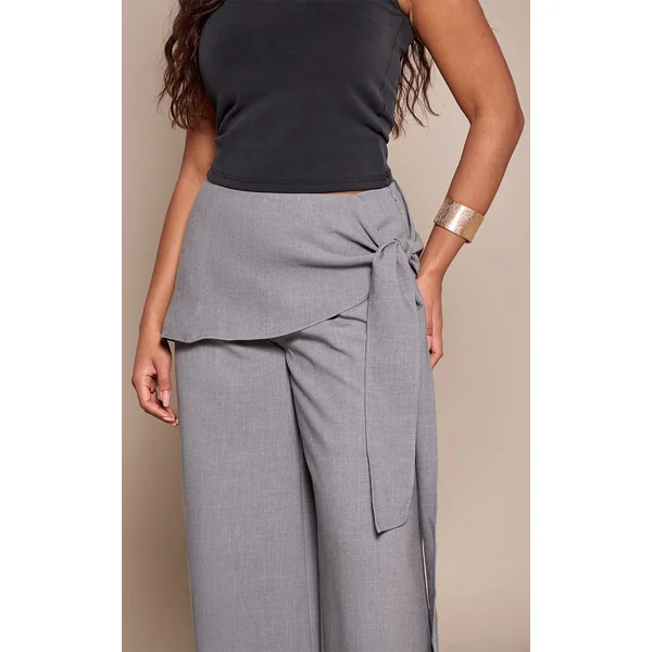 Gris Pantalon Large Taille Haute Ajusté Avec Ceinture Nouée