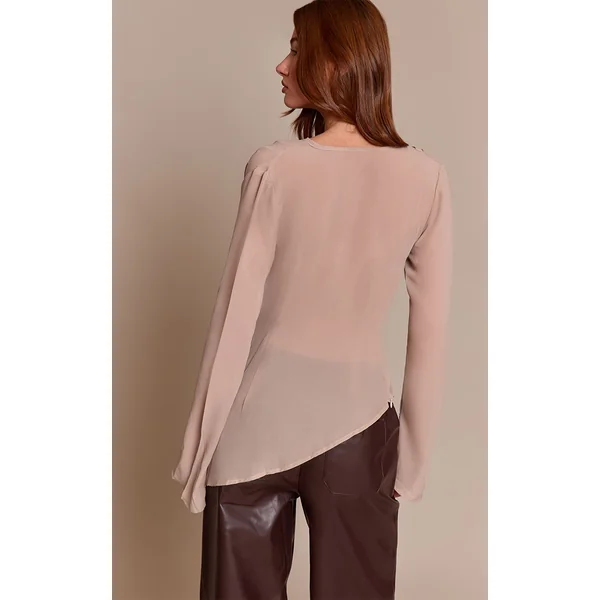 Gris Pierre Blouse En Mousseline À Col Bénitier Et Décolleté Plongeant