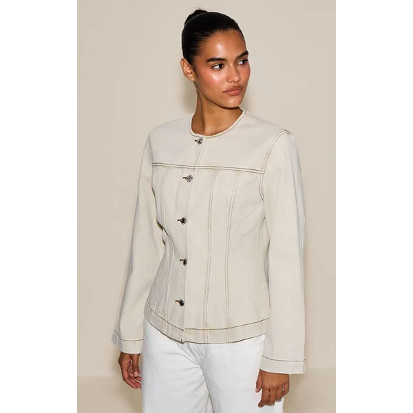 Gris Pierre Délavé Veste En Jean Cintrée À Manches Longues Avec Surpiqûres Contrastées
